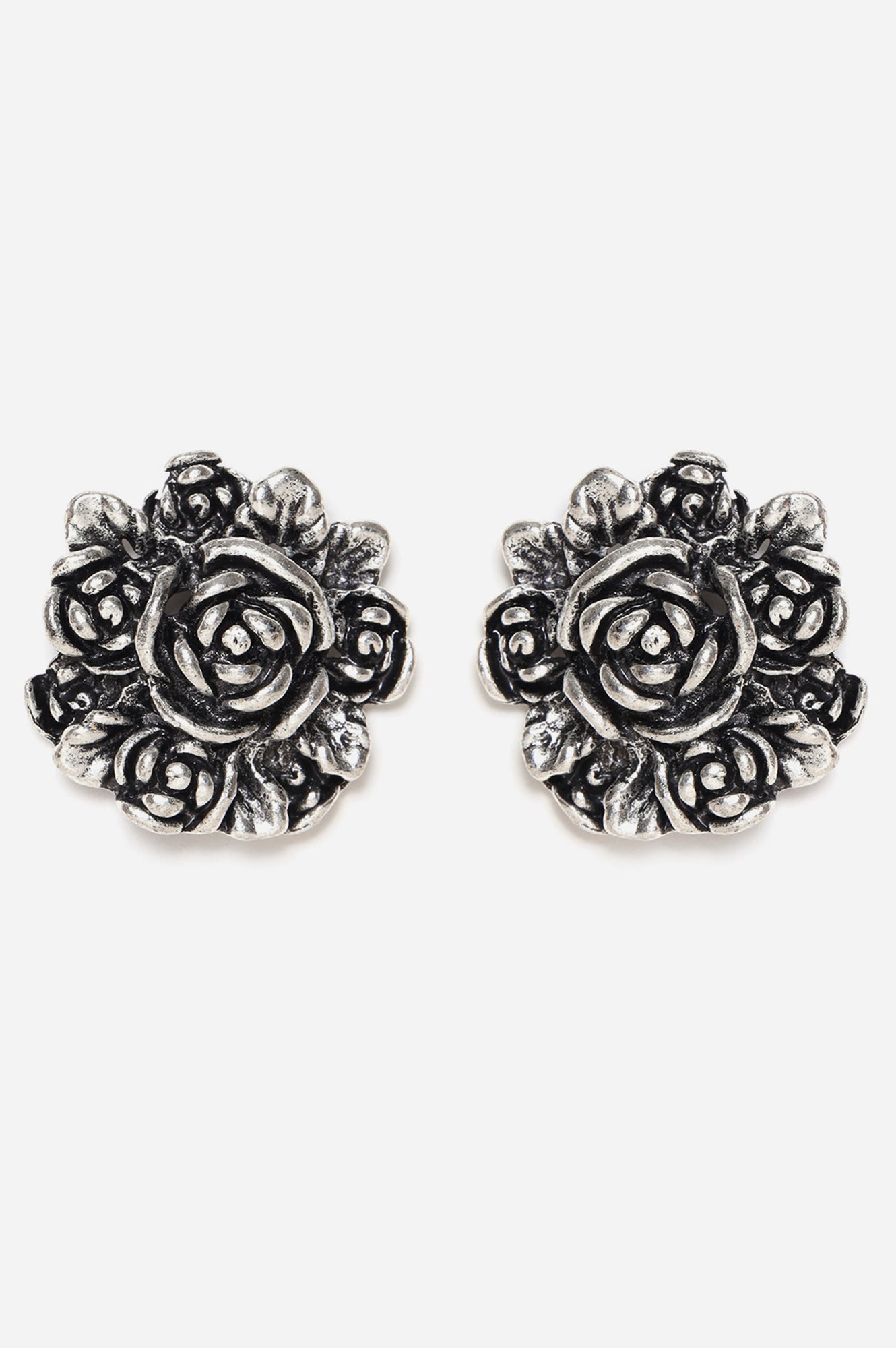 Silver Oxidised Floral Patterned Stud