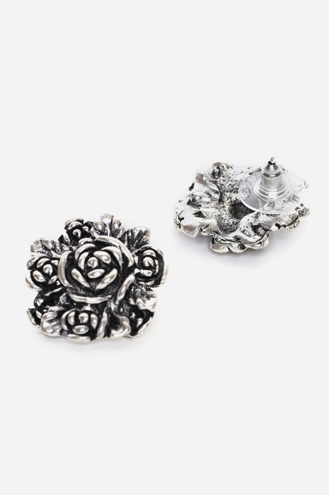 Silver Oxidised Floral Patterned Stud