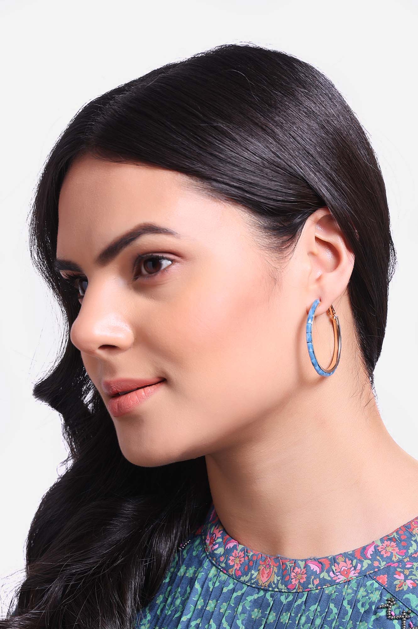 Blue Bead Work Hoop Earrings