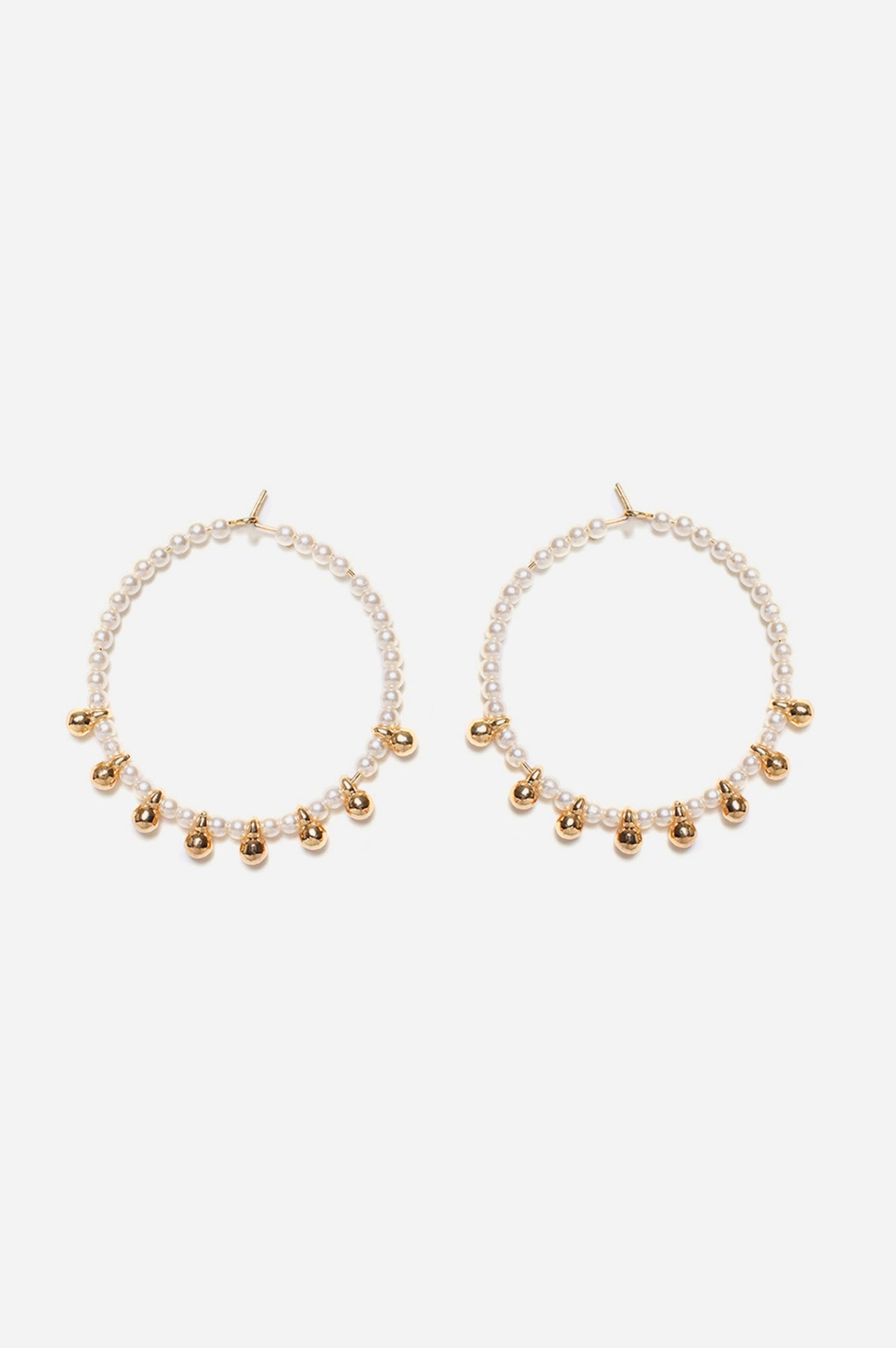 White Pearl And Golden Bead Hoop Earrings