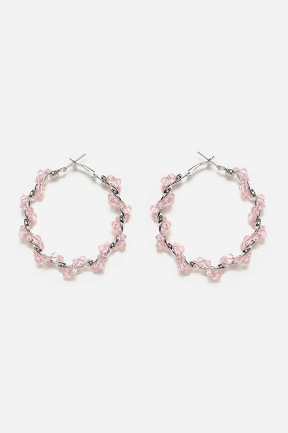 Pink Faceted Bead Work Hoop Earrings