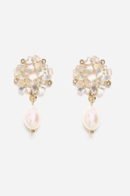 White Pearl with Flower Cluster Earrings