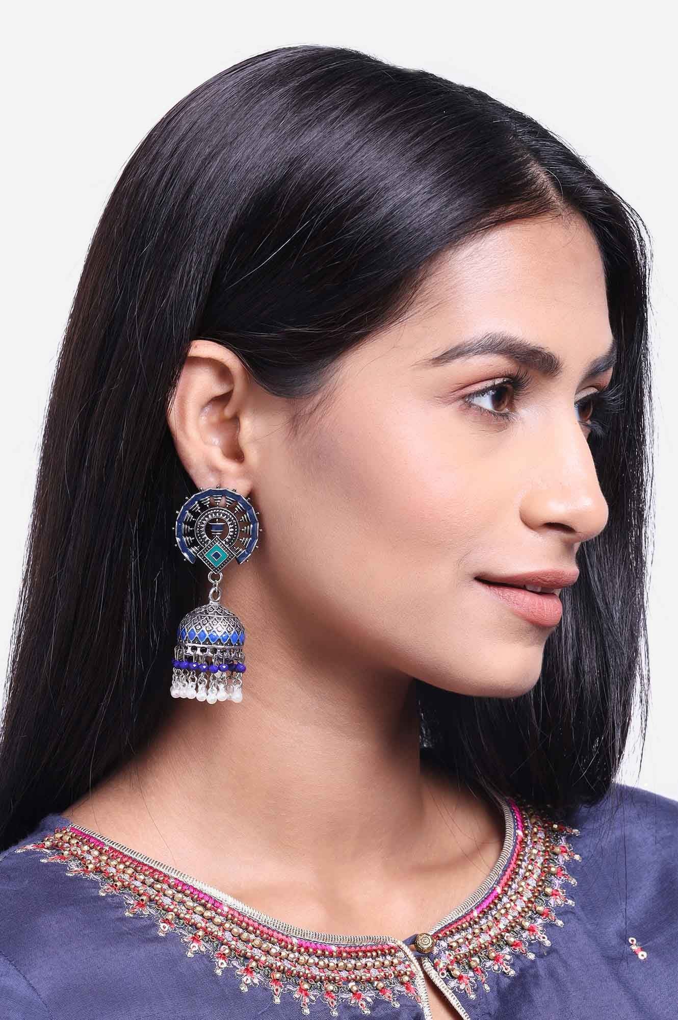 Navy Blue Oxidised Ethnic Jhumka