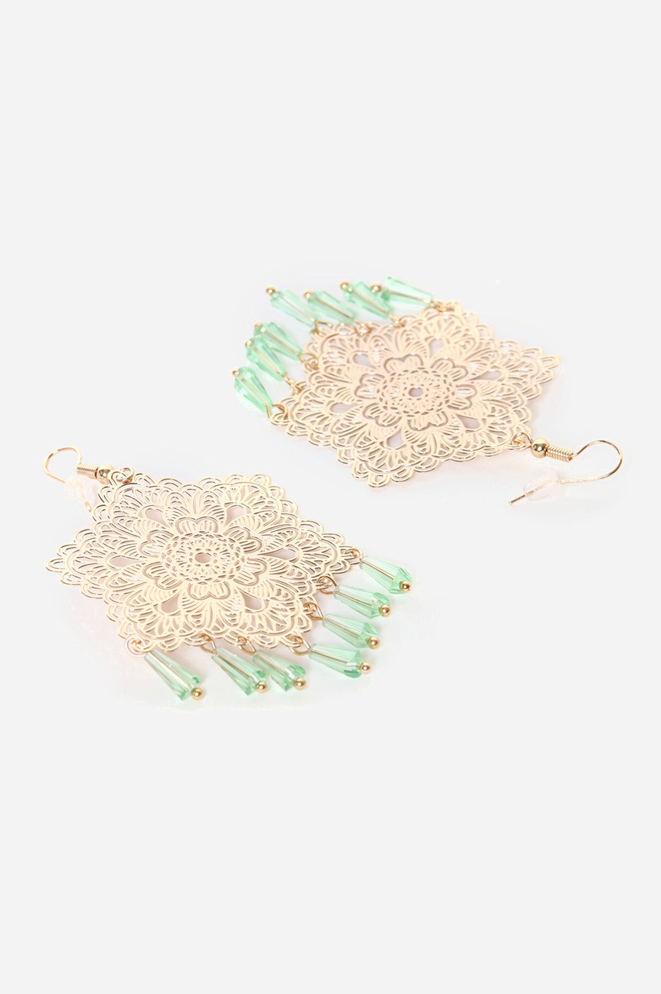 Green Filigree Flower Shaped Earrings with Crystal Beads