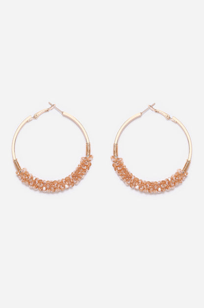 Beige Bunched Crysal Bead work Hoop Earrings