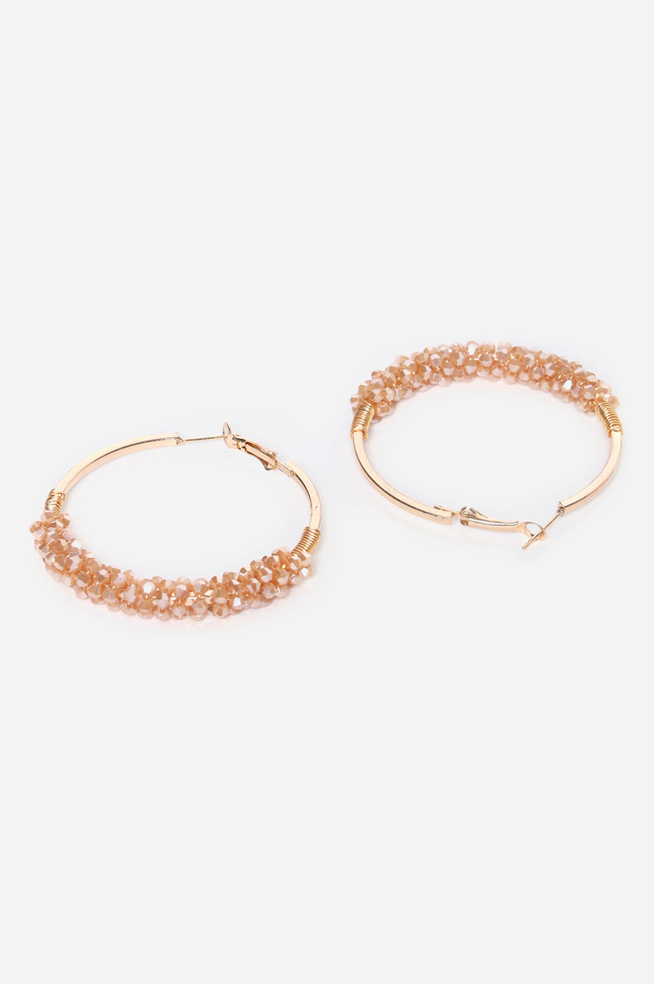 Beige Bunched Crysal Bead work Hoop Earrings