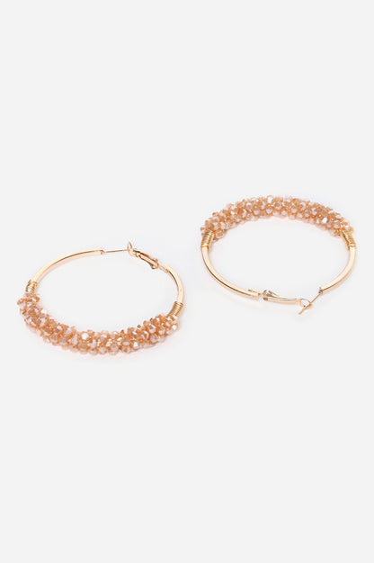 Beige Bunched Crysal Bead work Hoop Earrings