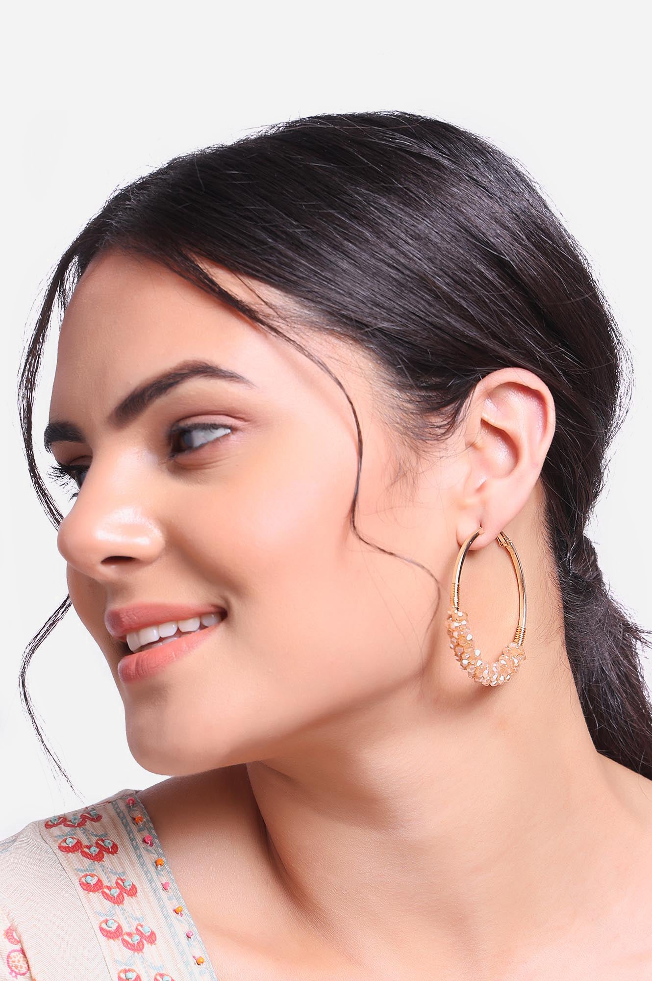 Beige Bunched Crysal Bead work Hoop Earrings