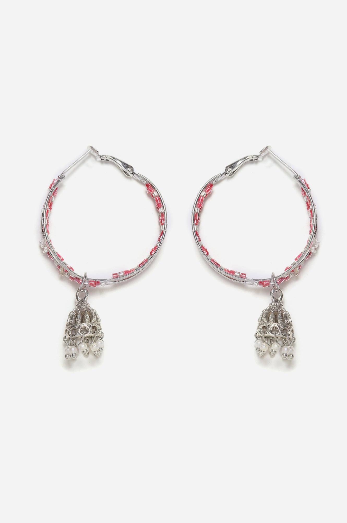 Pink And Blue Bead Work Hoop Jhumkis