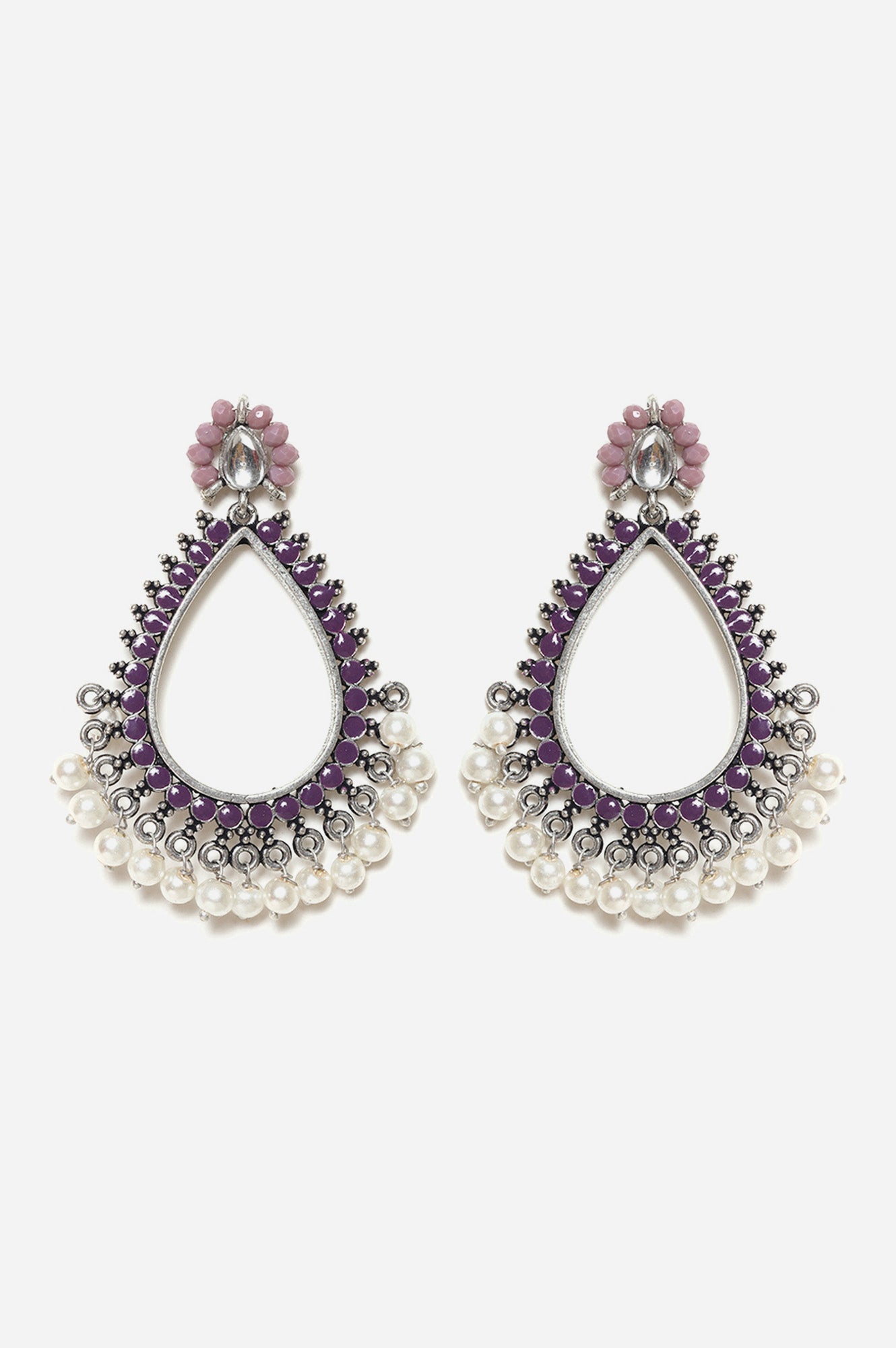 Purple Pear Shaped Dangler Earrings with Hanging Pearl