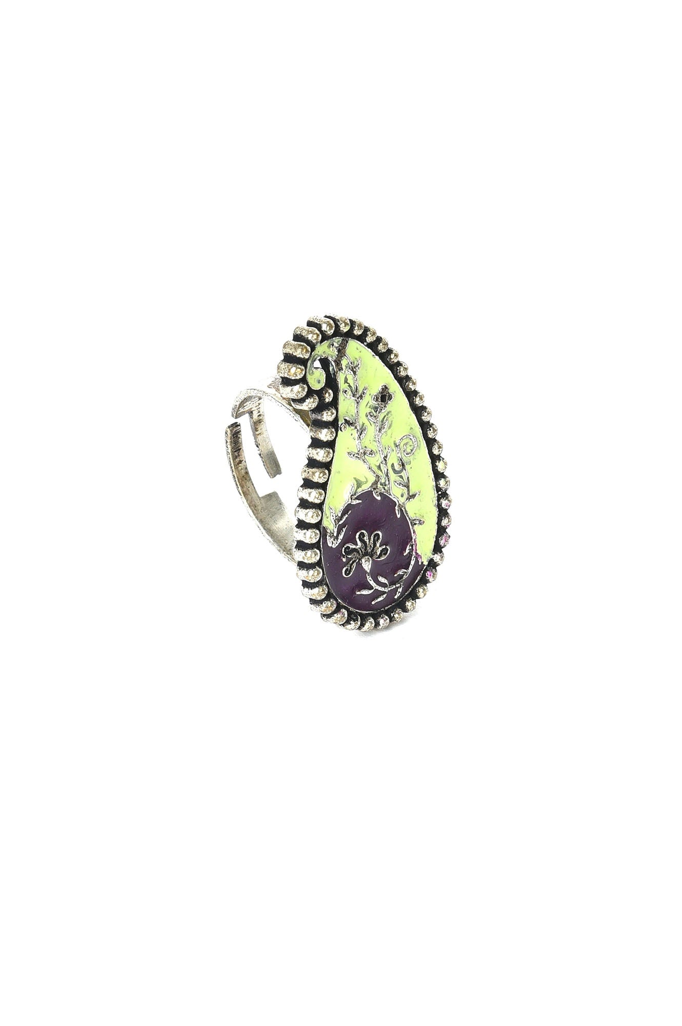 Lime Green And Purple Paisley Motif Ring