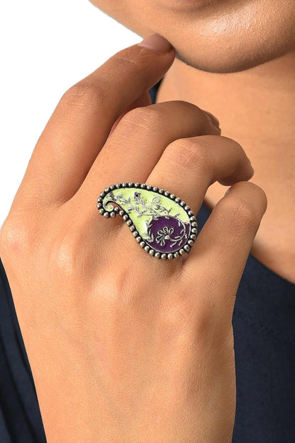 Lime Green And Purple Paisley Motif Ring