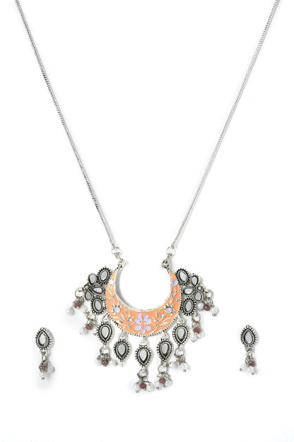 Peach Oxidised Kundan Necklace Set