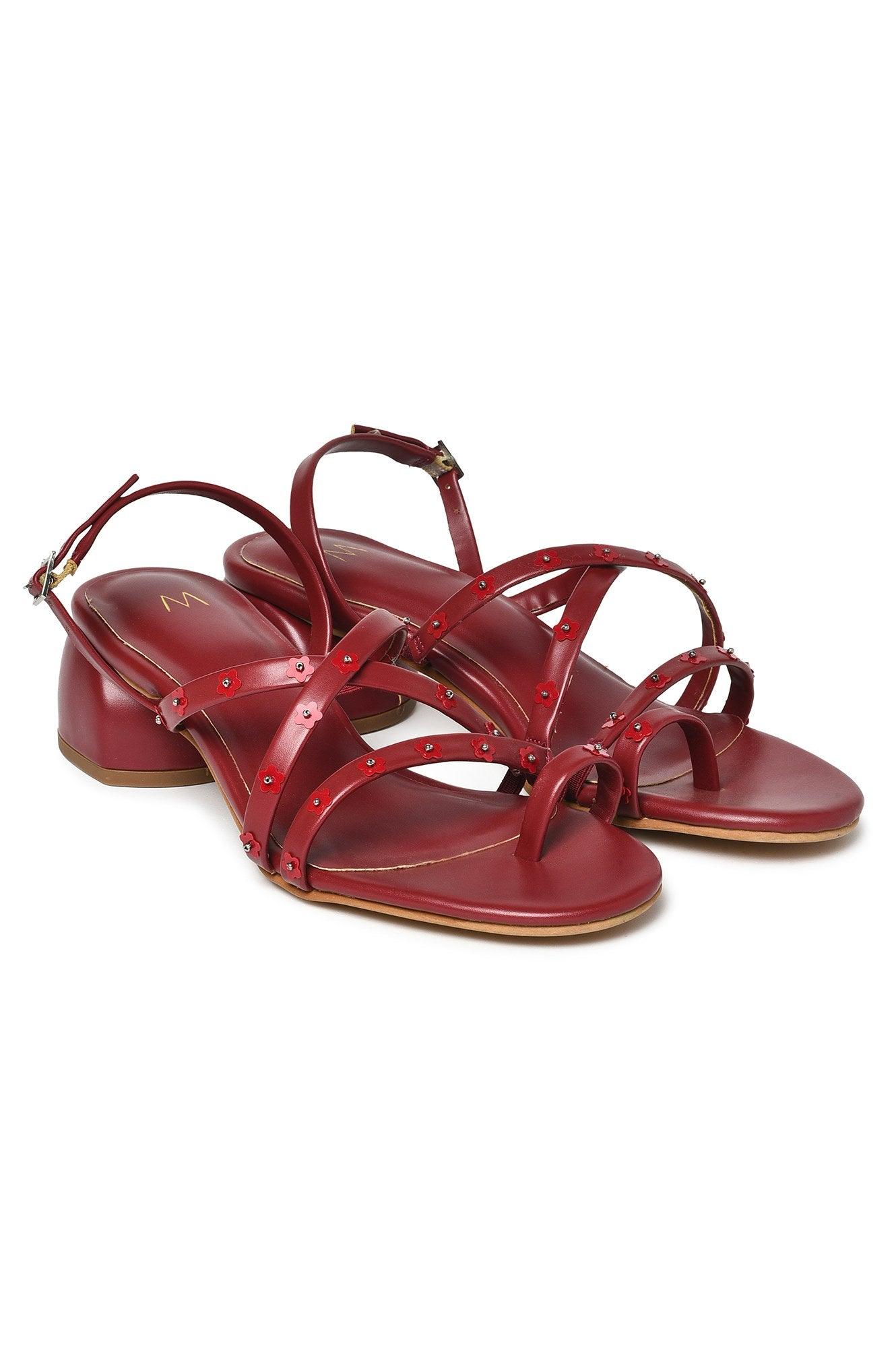 W Embroidered Maroon Round Toe Block - wforwoman