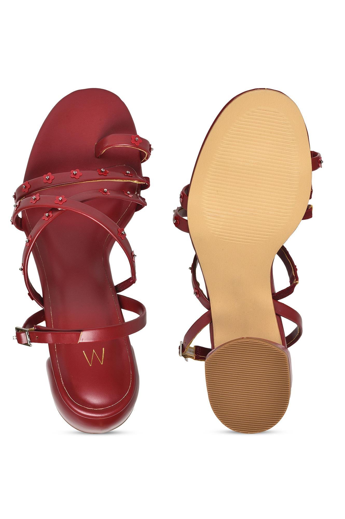 W Embroidered Maroon Round Toe Block - wforwoman