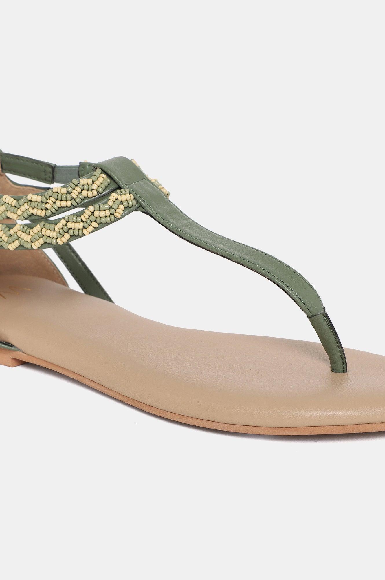 W Green Whole Foot Embroidered Almond Toe Flat-Wjuniper - wforwoman