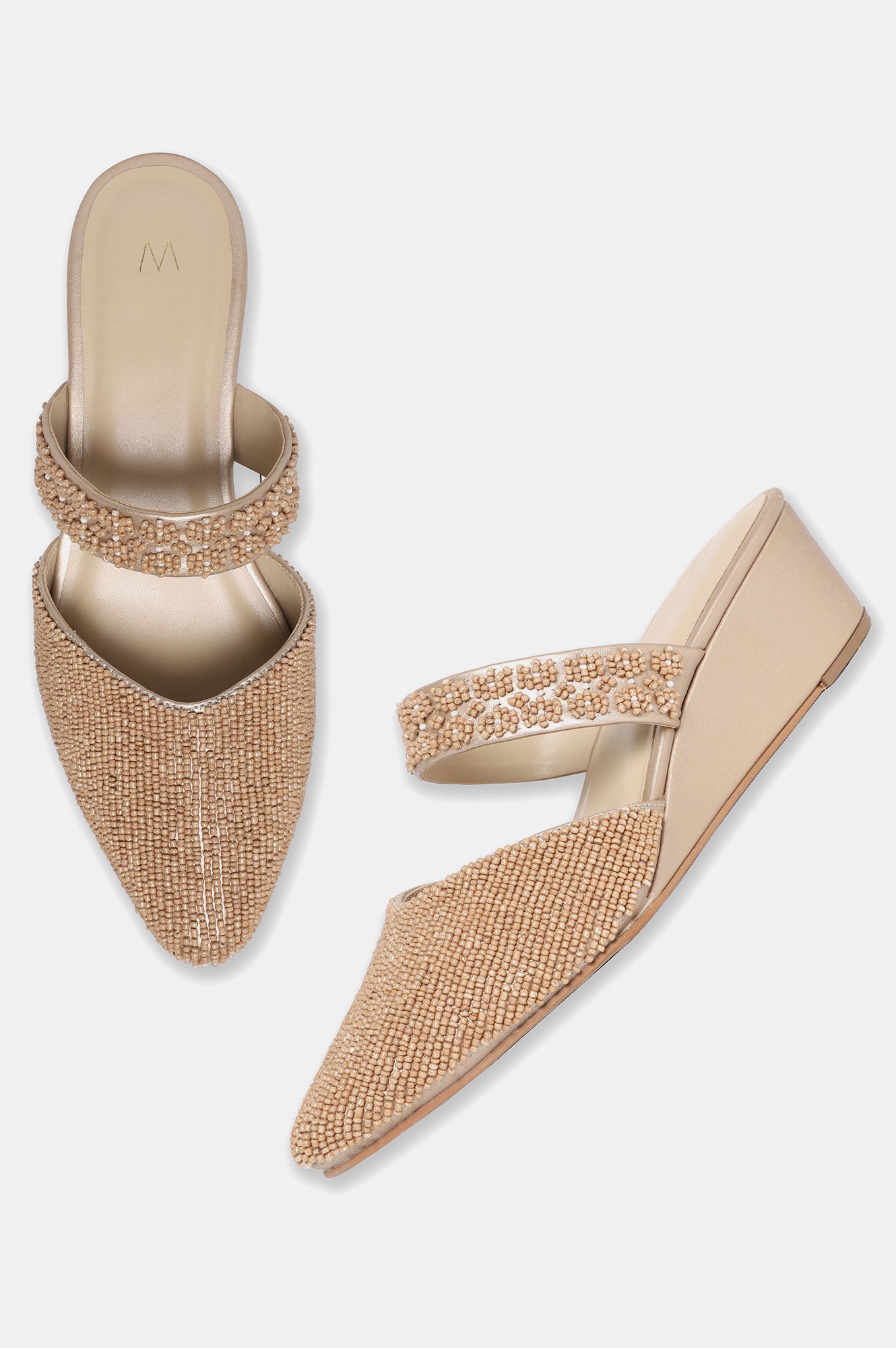 W Embroidered Gold Pointed Toe Wedge