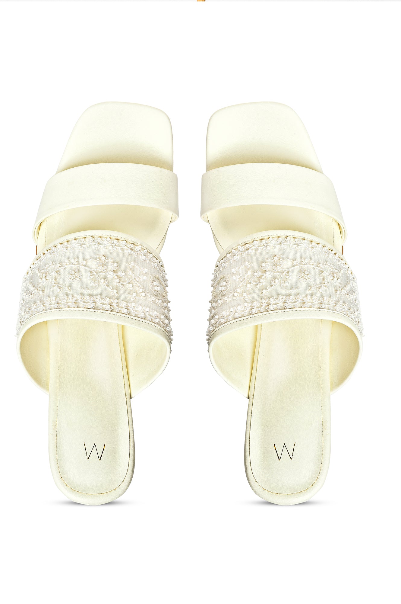 W Embroidered White Square Toe Sleek Block