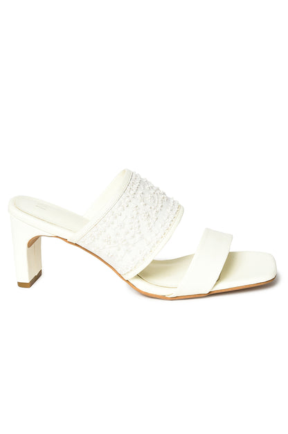 W Embroidered White Square Toe Sleek Block