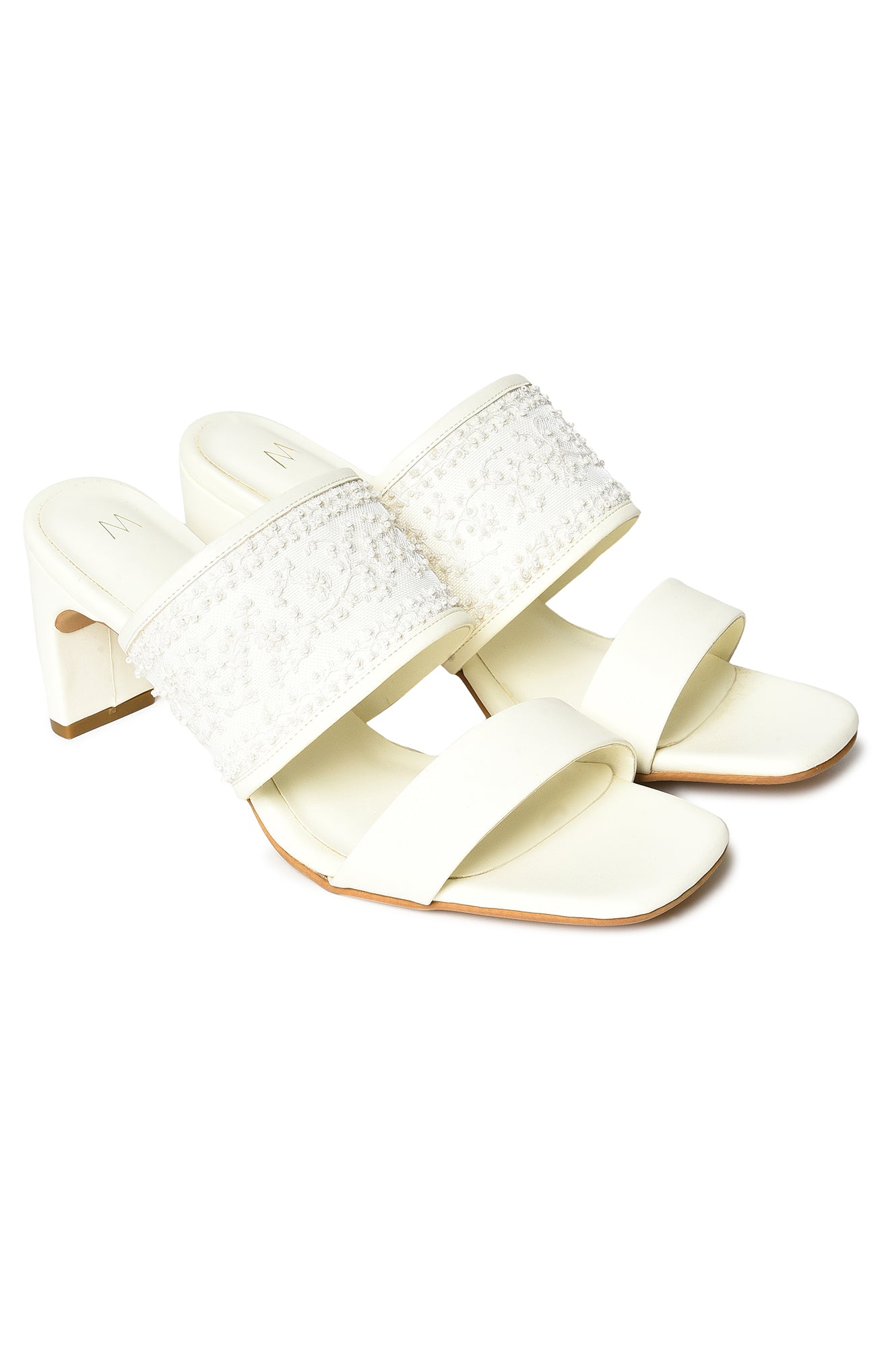 W Embroidered White Square Toe Sleek Block