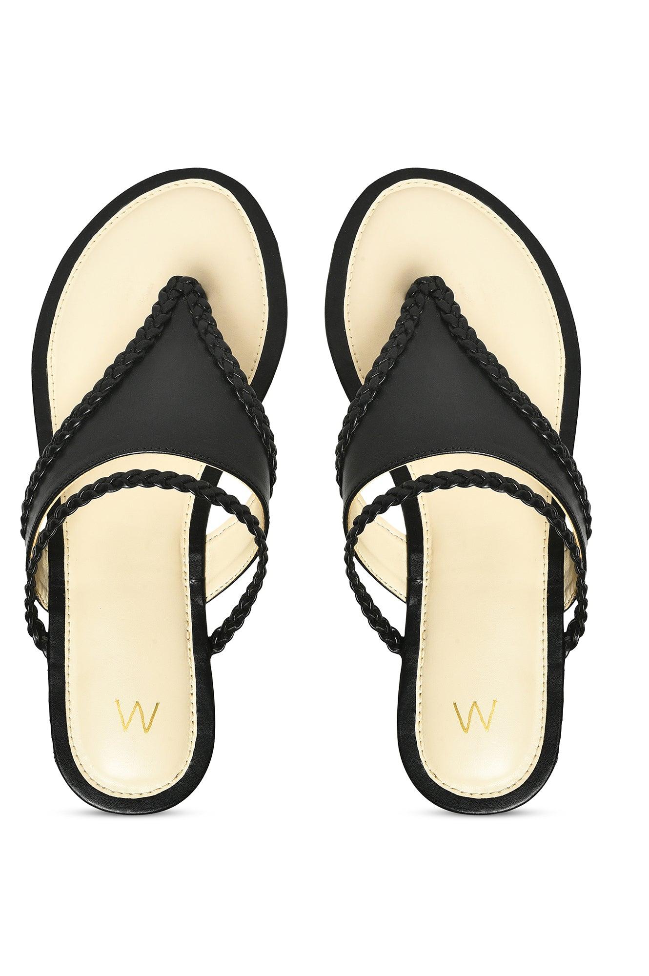 W Woven Design Black Almond Toe Flat - wforwoman