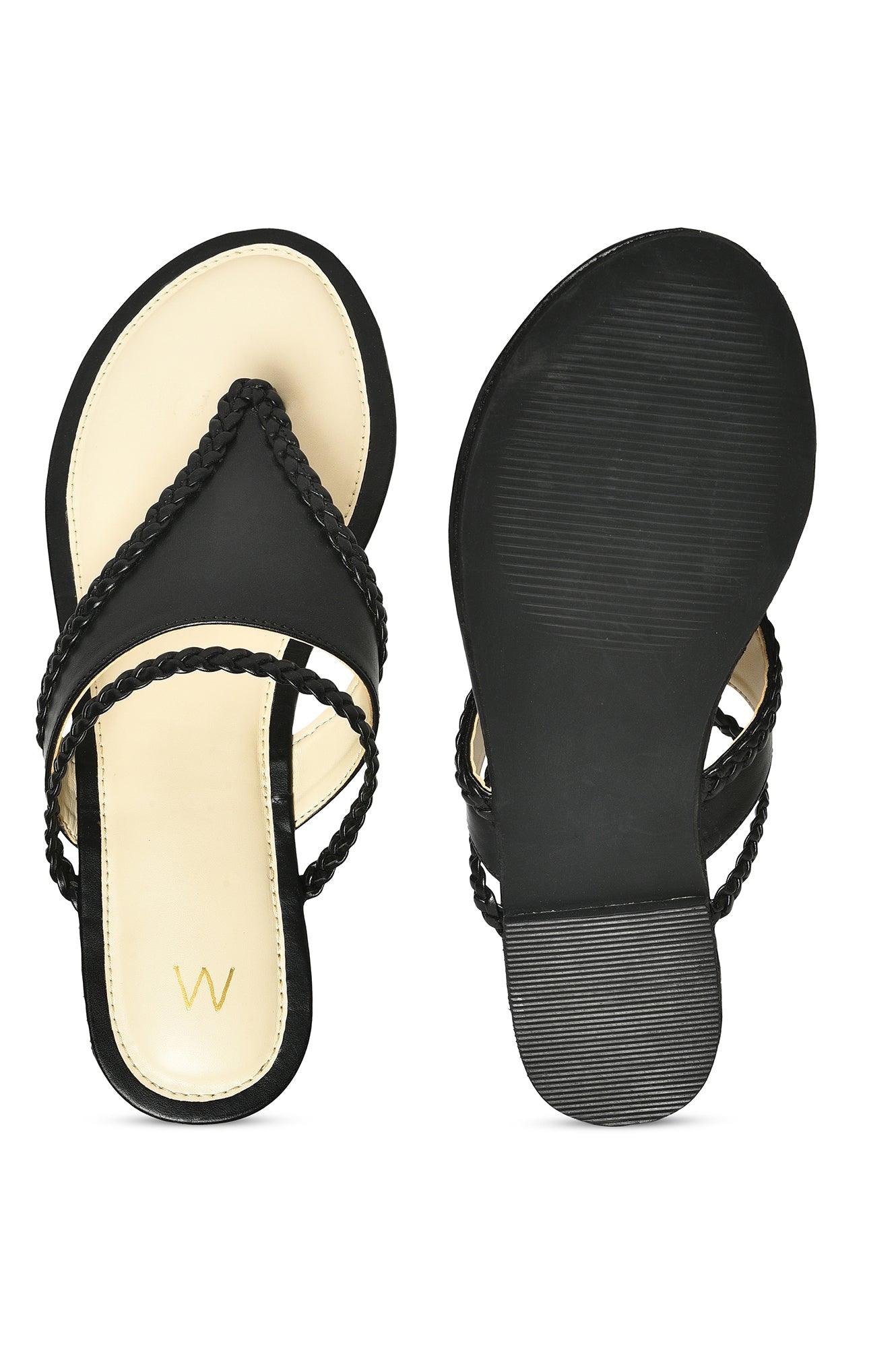 W Woven Design Black Almond Toe Flat - wforwoman