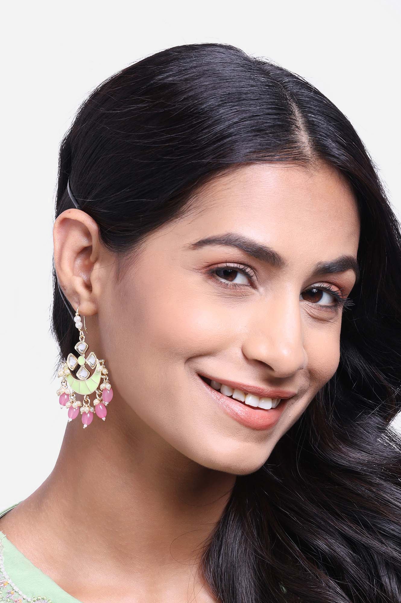 Green and Pink Kundan Hoop Earrings