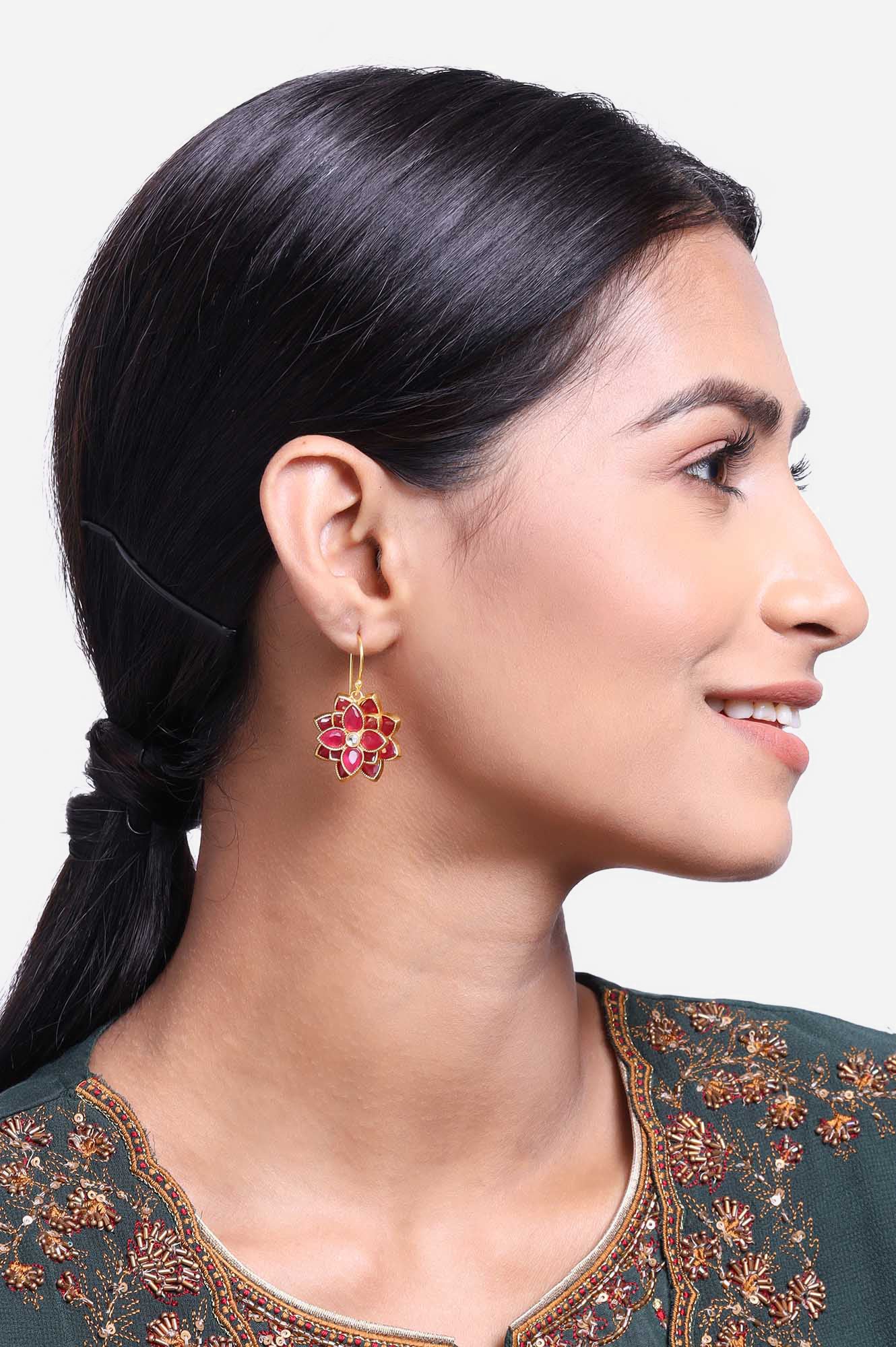 Red Stones Studded Drop Earrings