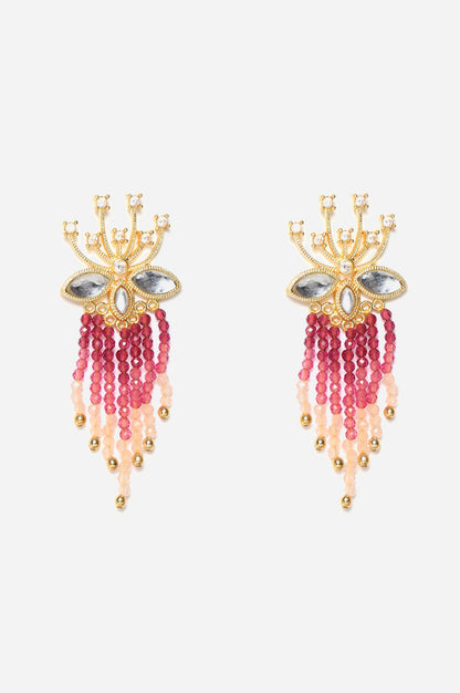 Lotus Motuf Fuchsia Beads Drop Earring with White Kundan