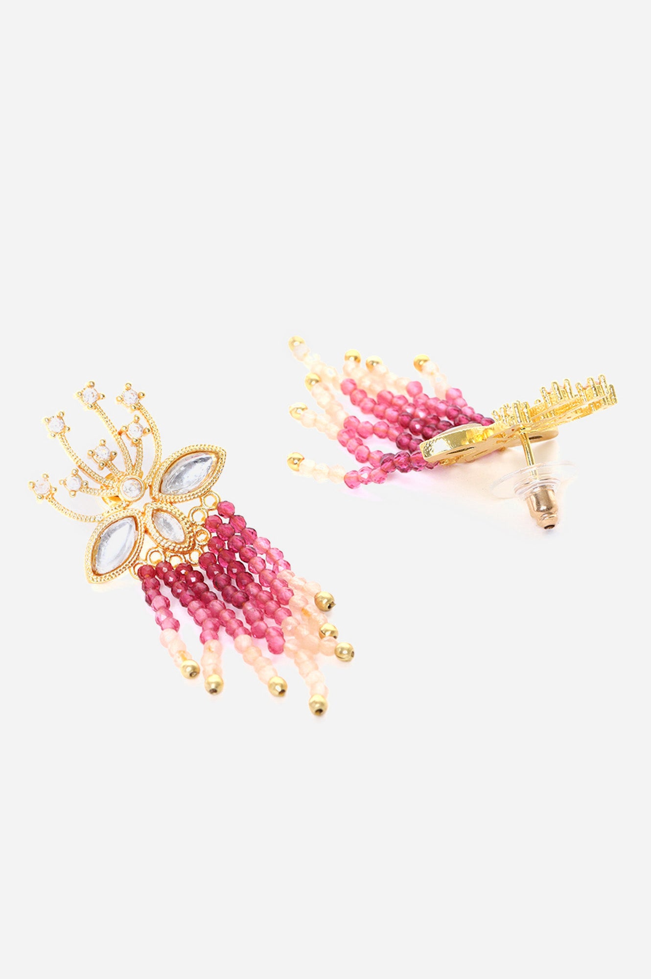 Lotus Motuf Fuchsia Beads Drop Earring with White Kundan