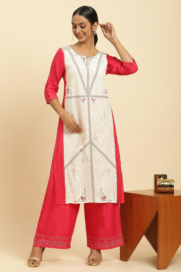 Pink And Ecru Straight Kurta And Parallel Pants Set