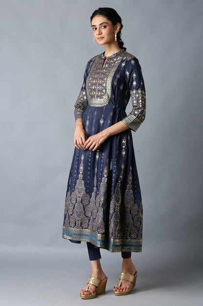 Navy Blue Foil Floral Print kurta with Tights