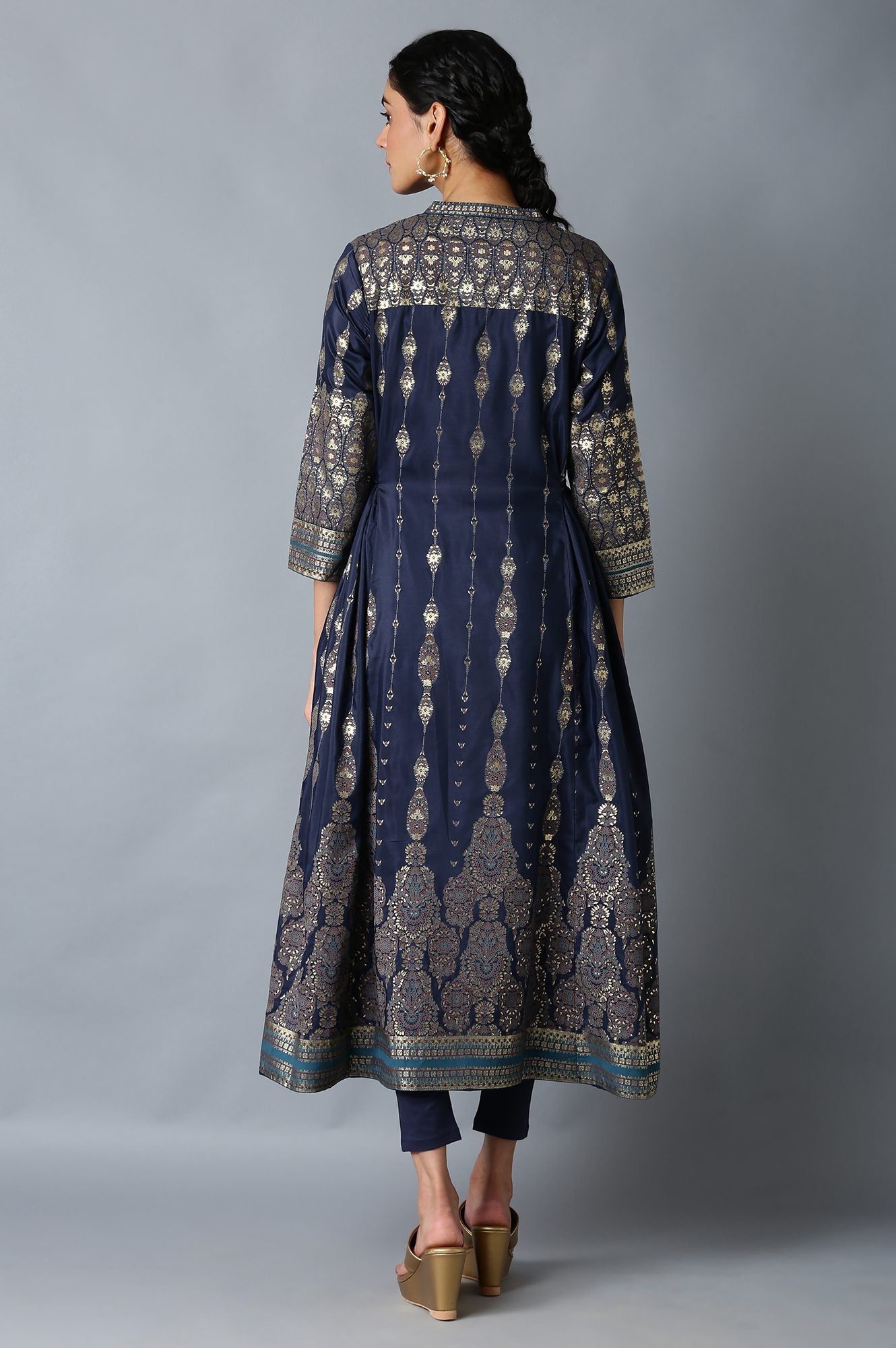 Navy Blue Foil Floral Print kurta with Tights