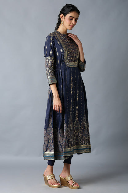 Navy Blue Foil Floral Print kurta with Tights