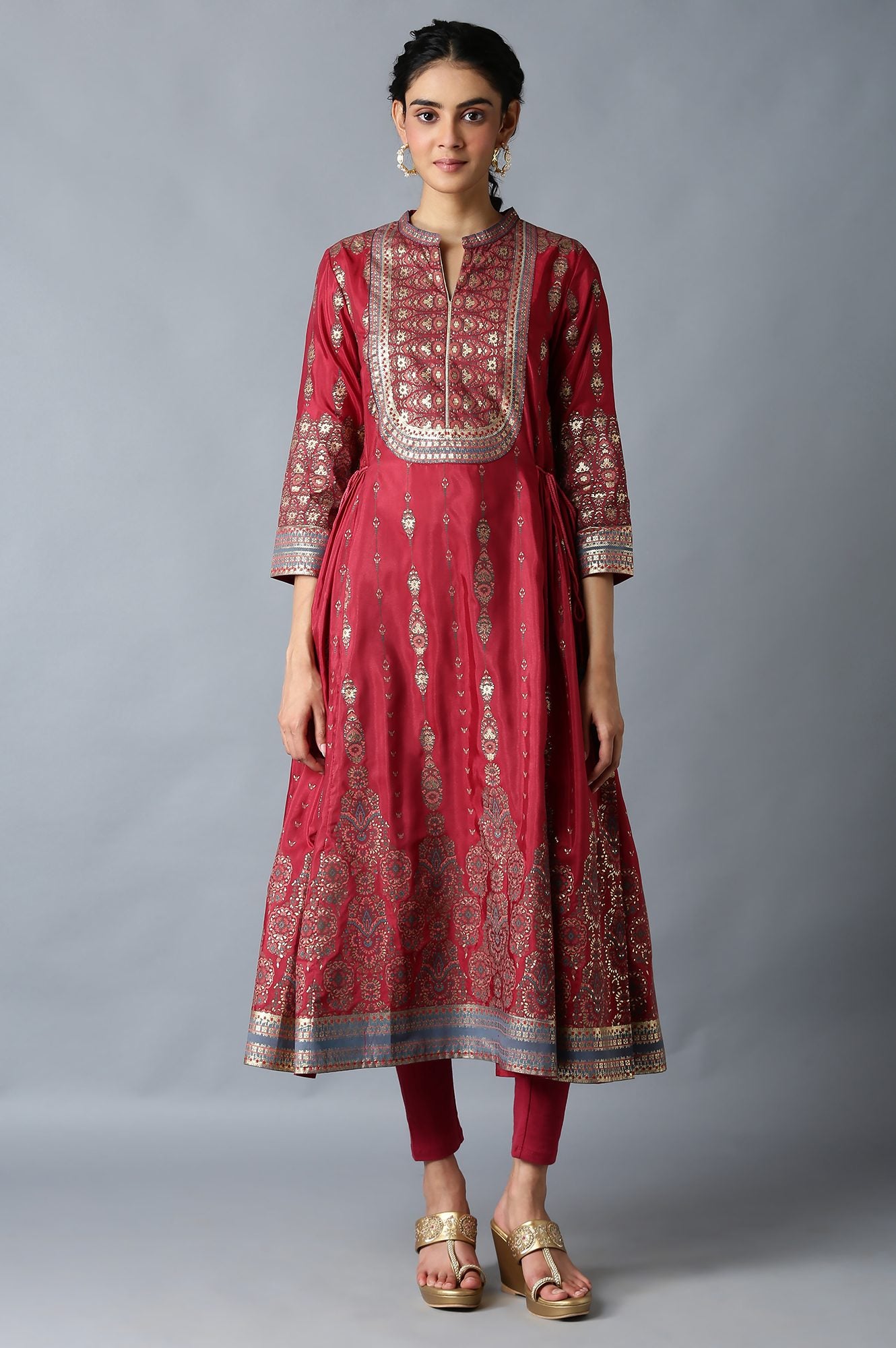 Red Foil Floral Print kurta with Tights