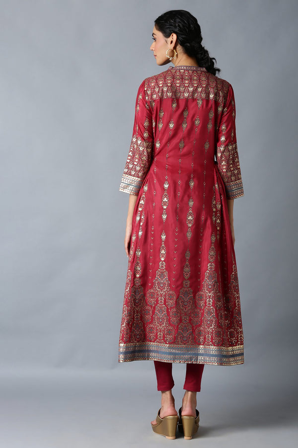 Red Foil Floral Print kurta with Tights