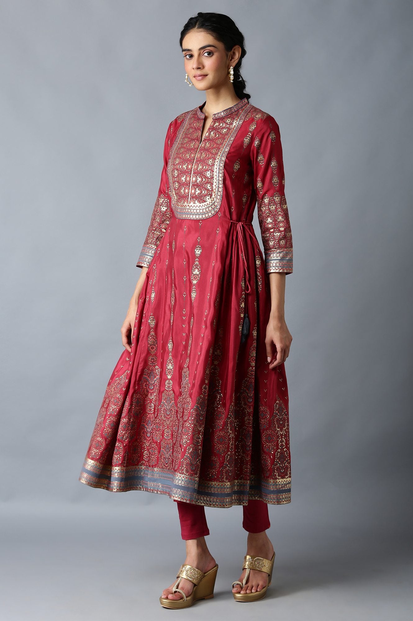 Red Foil Floral Print kurta with Tights