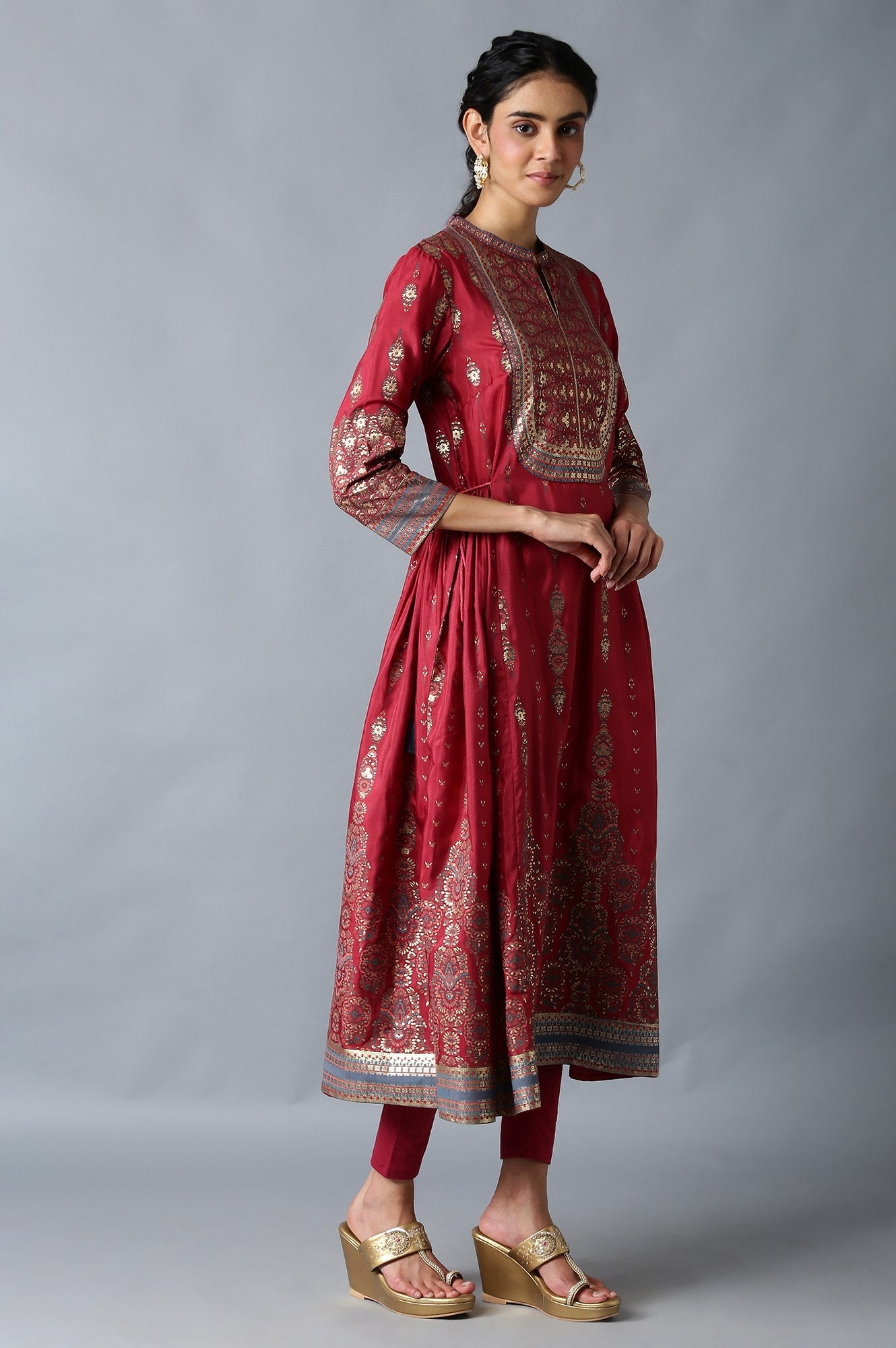 Red Foil Floral Print kurta with Tights