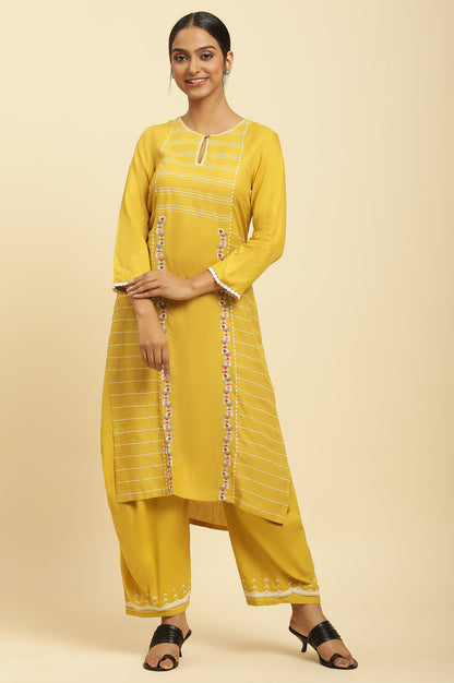 Mustard Embroidered Liva Eco Kurta And Drapped Parallel Pants