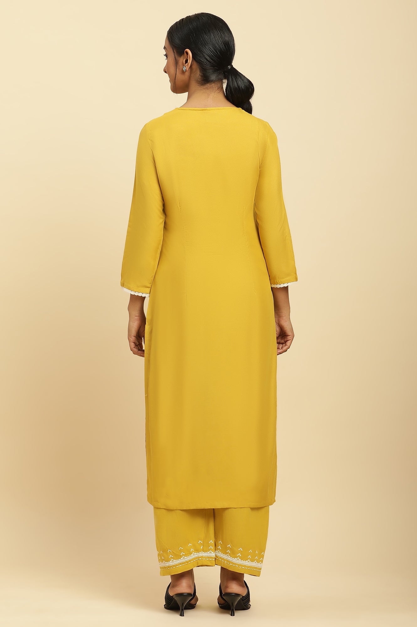 Mustard Embroidered Liva Eco Kurta And Drapped Parallel Pants