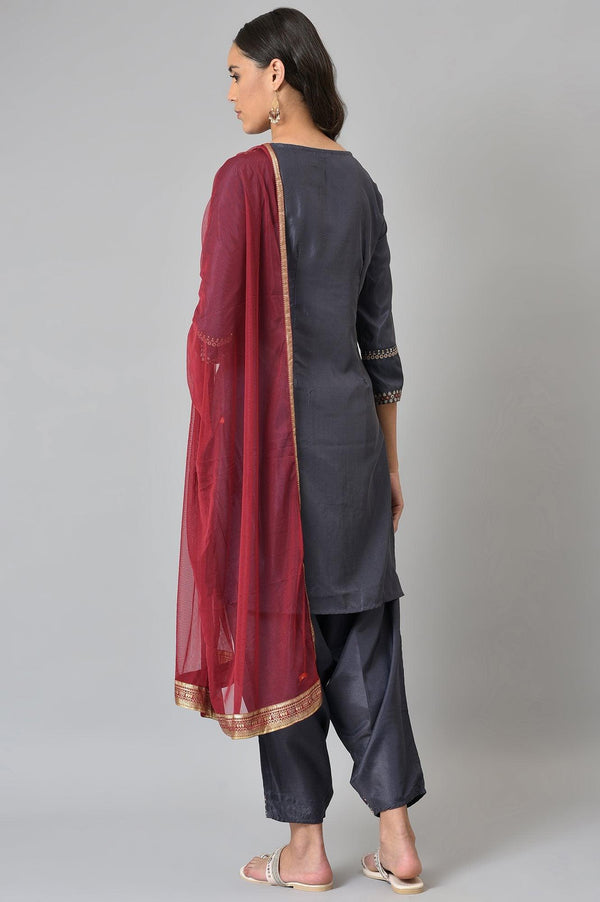Grey Embroidered kurta, Draped Pants And Dupatta Set