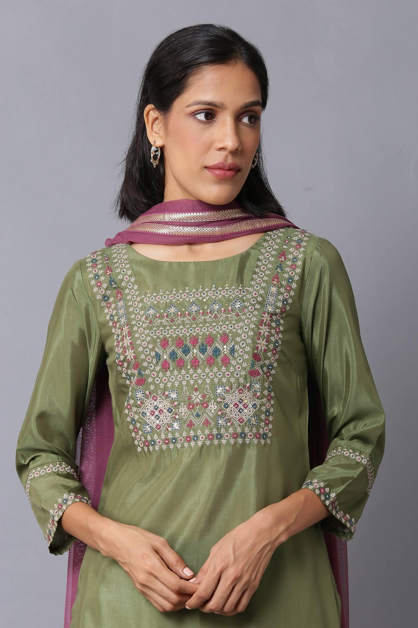 Olive Green Embroidered kurta And Draped Pants Set - wforwoman