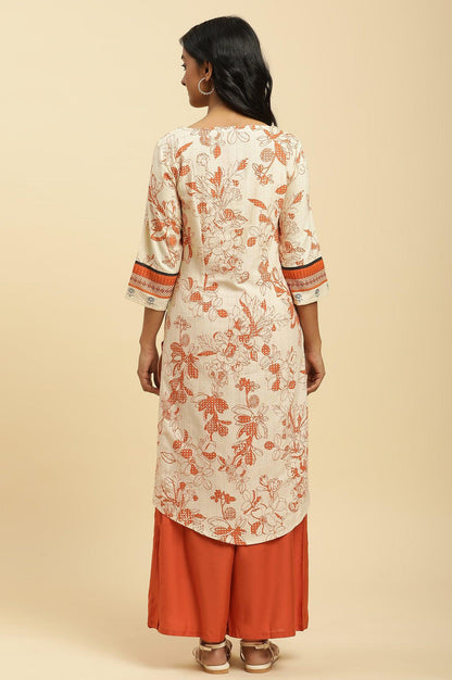 Ecru Floral Printed Kurta With Orange Parallel Pants - wforwoman