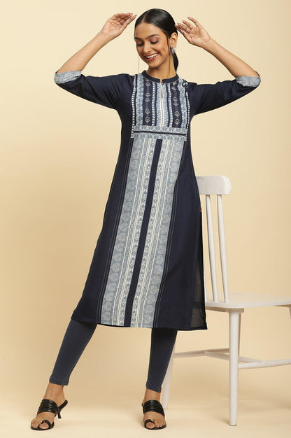 Navy Blue Printed Kurta And Tights - wforwoman