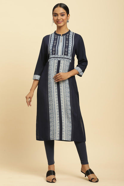 Navy Blue Printed Kurta And Tights - wforwoman