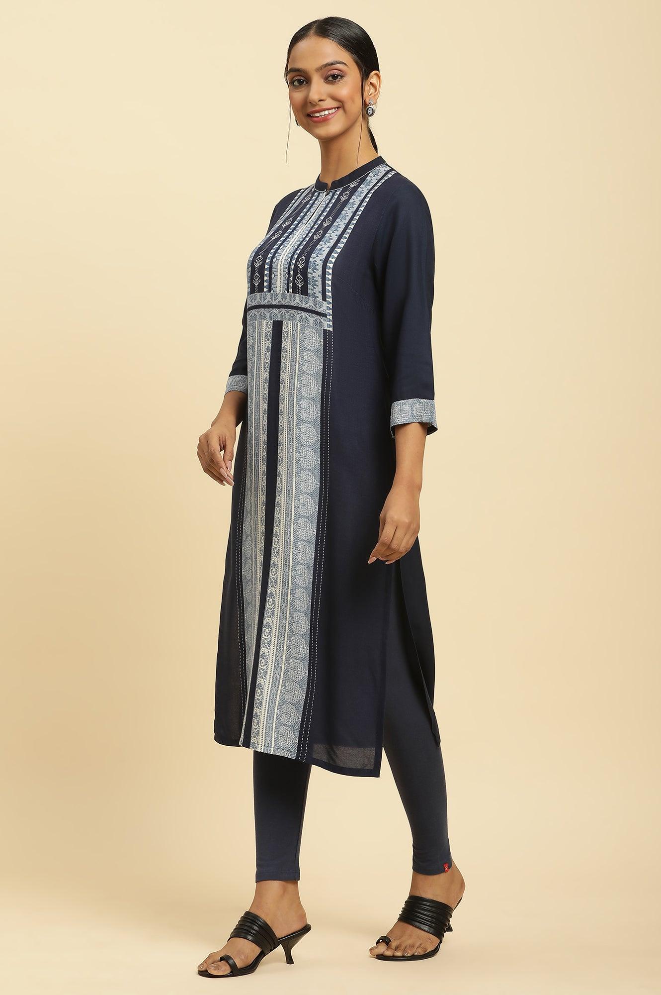 Navy Blue Printed Kurta And Tights - wforwoman