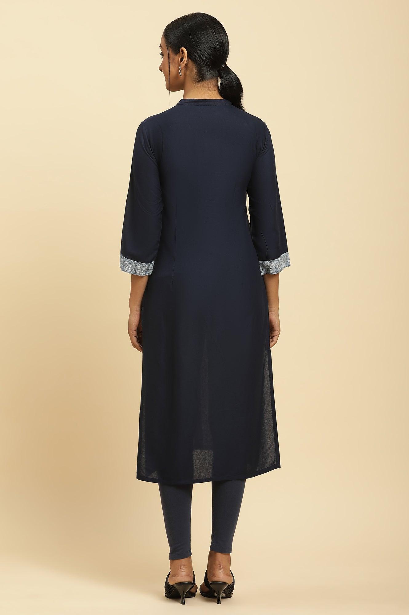 Navy Blue Printed Kurta And Tights - wforwoman