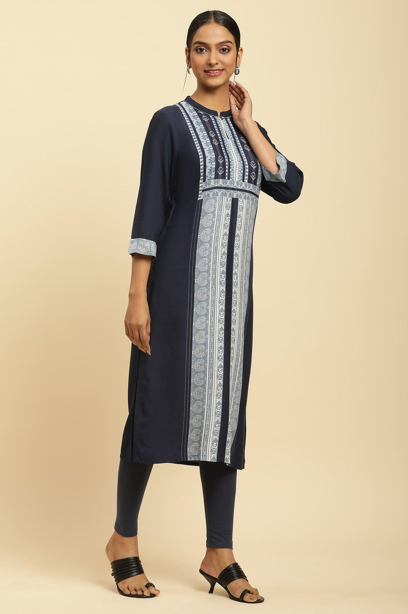 Navy Blue Printed Kurta And Tights - wforwoman