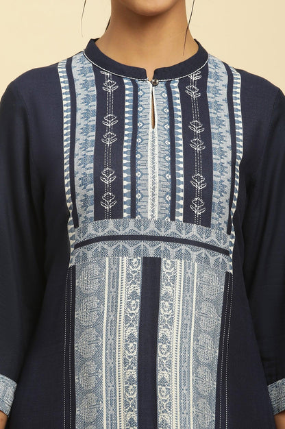 Navy Blue Printed Kurta And Tights - wforwoman