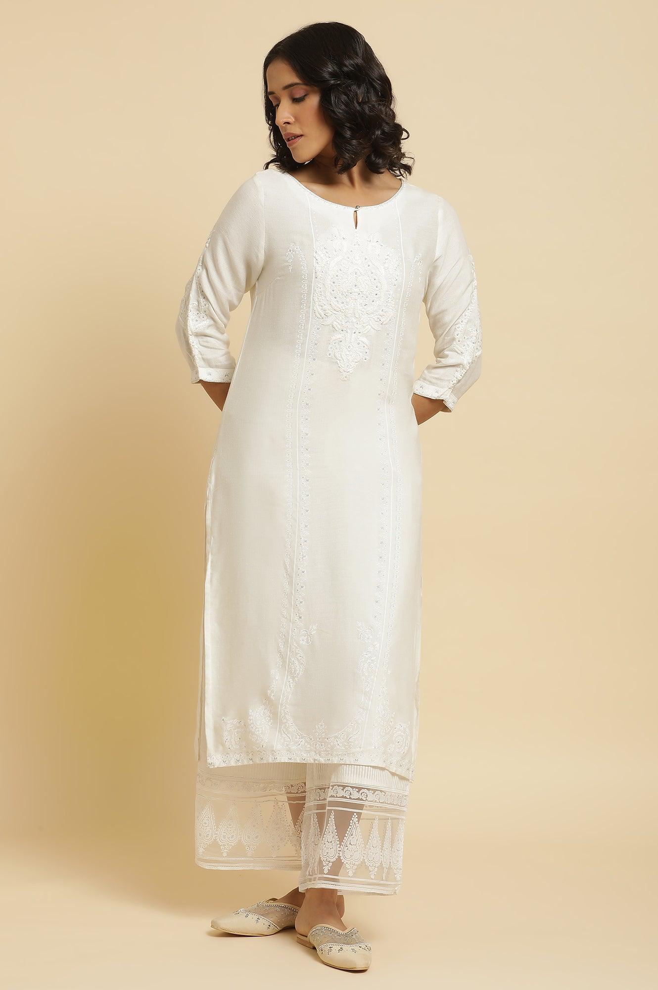 Ecru Embroidered Kurta &amp; Parallel Pants Set - wforwoman